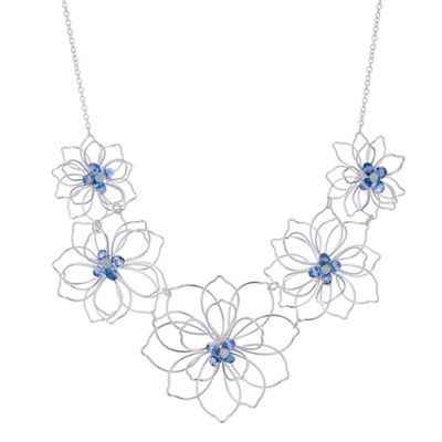 Blue crystal silver wire flower necklace